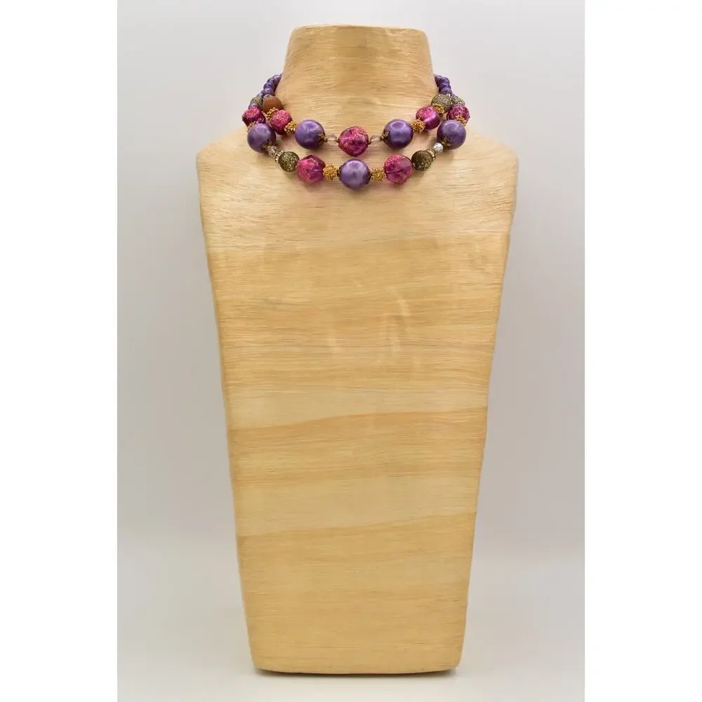 DEAUVILLE Vintage Beaded Collar Necklace Purple Pink Chunky Signed 1950s BinBE